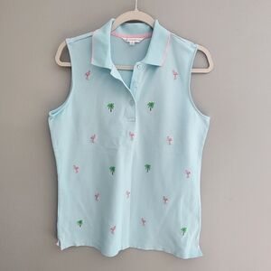 Light Blue Sleeveless Polo with Pink Flamingos and Green Palm Trees Size M